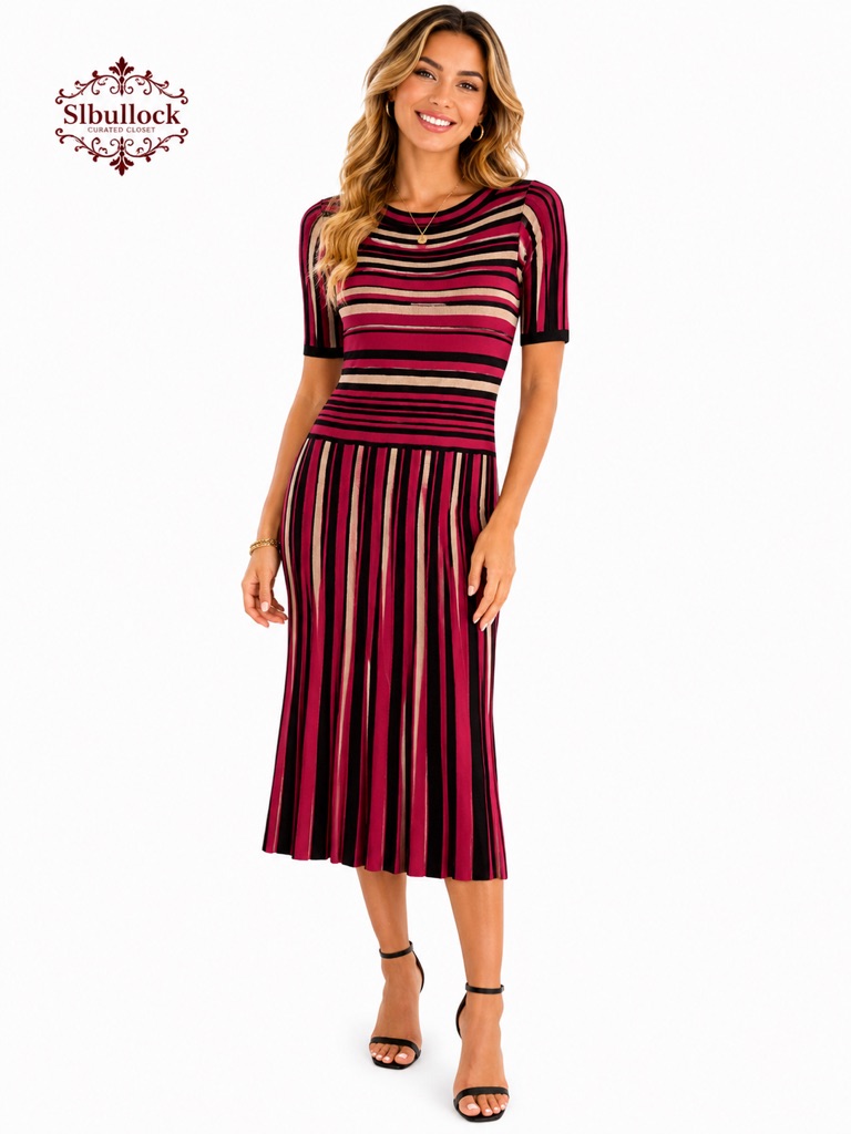 Ann Taylor Red Black Striped Knit Pleated Midi Dress Nwot Size 4